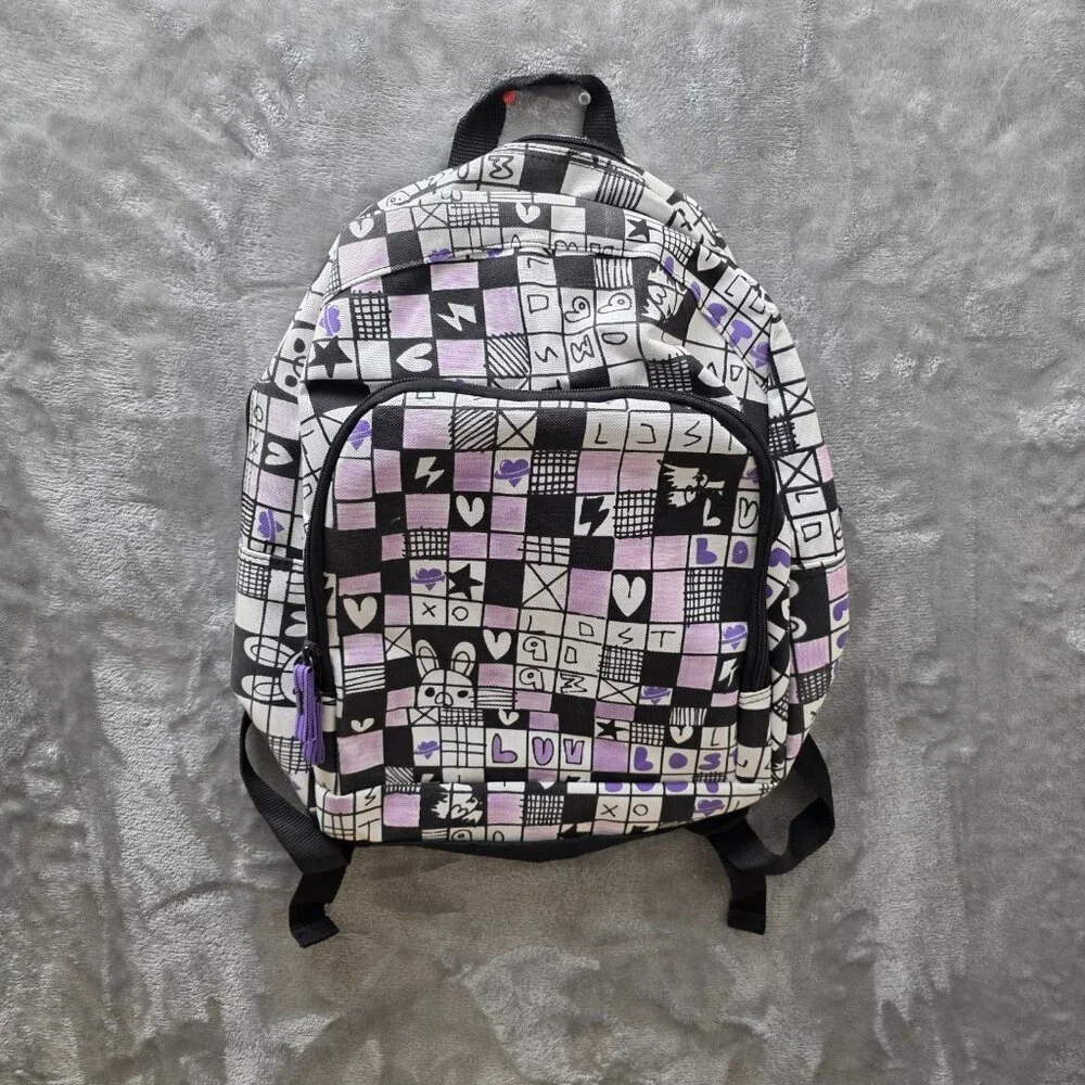 Women's Purple White Black‎ Checkered Lightweight Casual Backpack for Hiking
